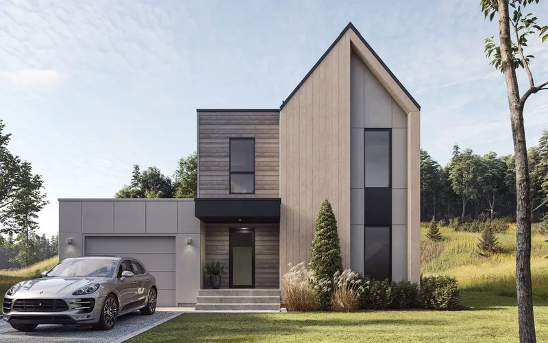 Maison contemporaine haute performance avec grandes fenêtres et bardage de bois