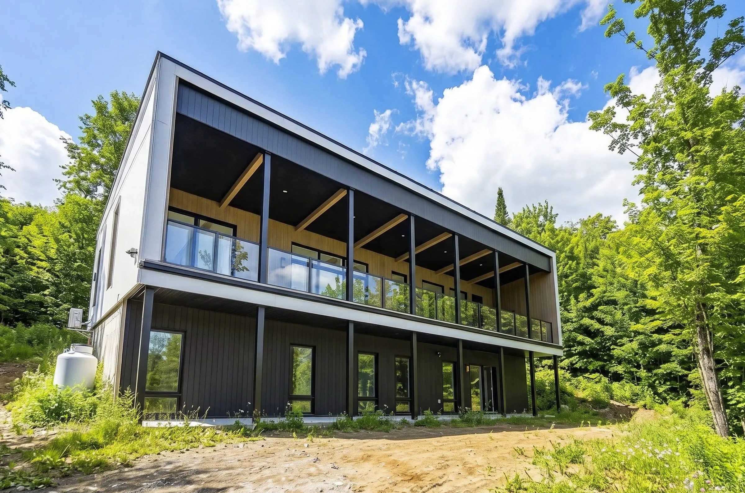 Façade arrière du chalet en bardage vertical noir, avec sa terrasse couverte aux poutres de bois