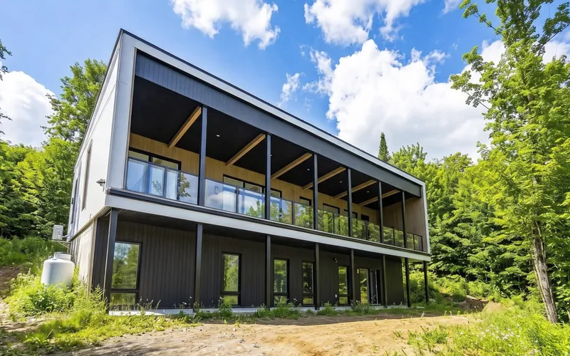 Façade arrière du chalet en bardage vertical noir, avec sa terrasse couverte aux poutres de bois