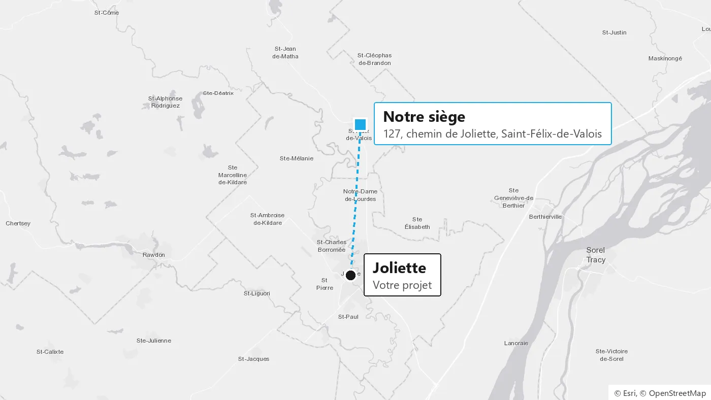 Carte : notre siège de Saint-Félix-de-Valois et Joliette, à 16 km à vol d'oiseau