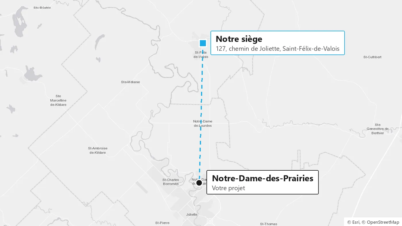 Carte : notre siège de Saint-Félix-de-Valois et Notre-Dame-des-Prairies, à 13 km à vol d'oiseau