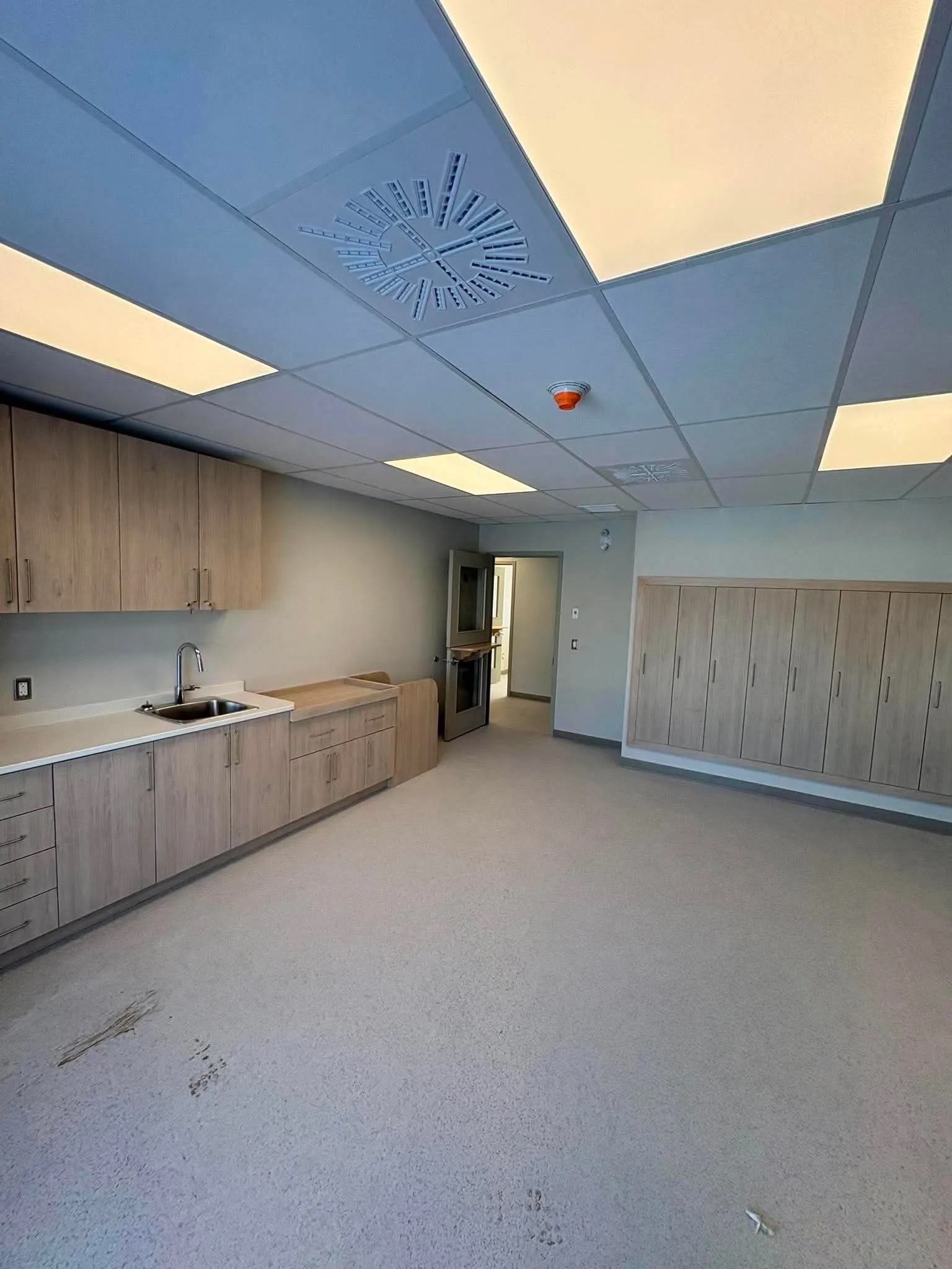 Local de vie avec cuisinette, rangements intégrés en bois clair et porte vitrée vers le corridor