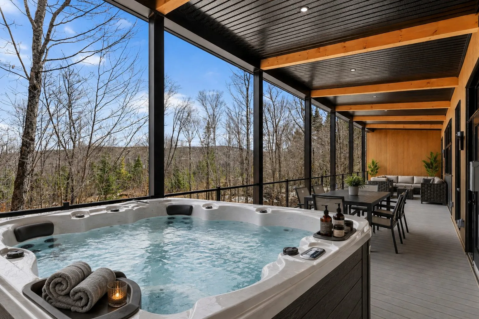 Terrasse couverte avec bain tourbillon, plafond en bois sombre et poutres apparentes