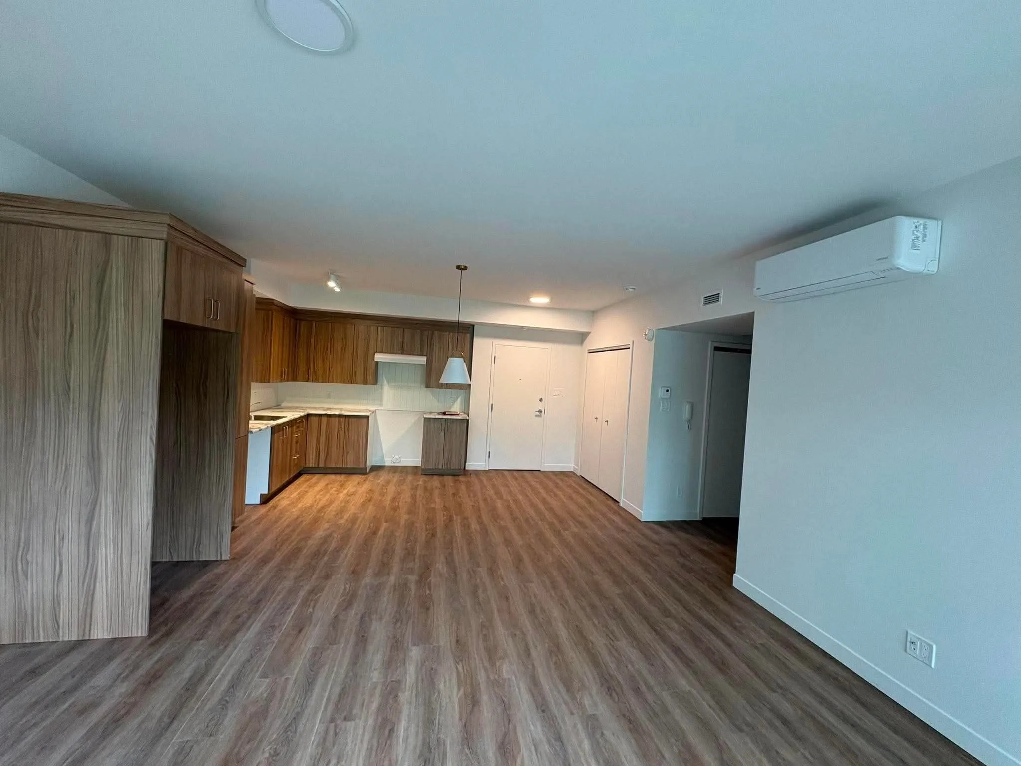 Aire de vie ouverte d'un logement, cuisine en armoires de bois et plancher de bois