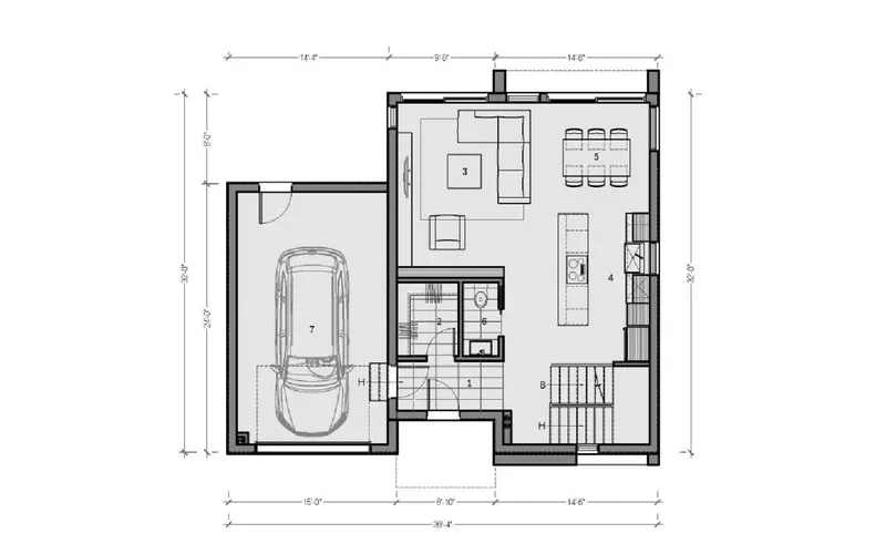 Plan d'architecte d'une maison unifamiliale avec garage : plan d'étage coté