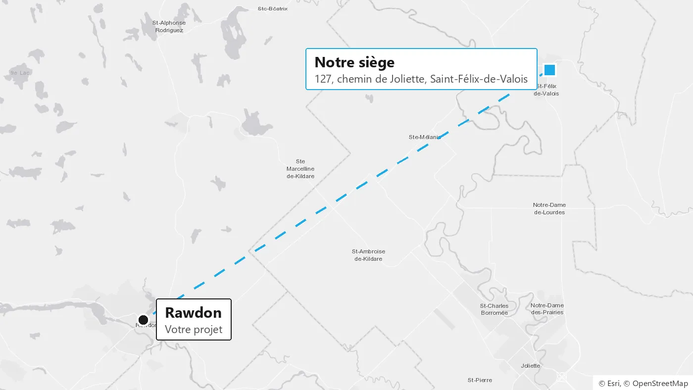 Carte : notre siège de Saint-Félix-de-Valois et Rawdon, à 26 km à vol d'oiseau