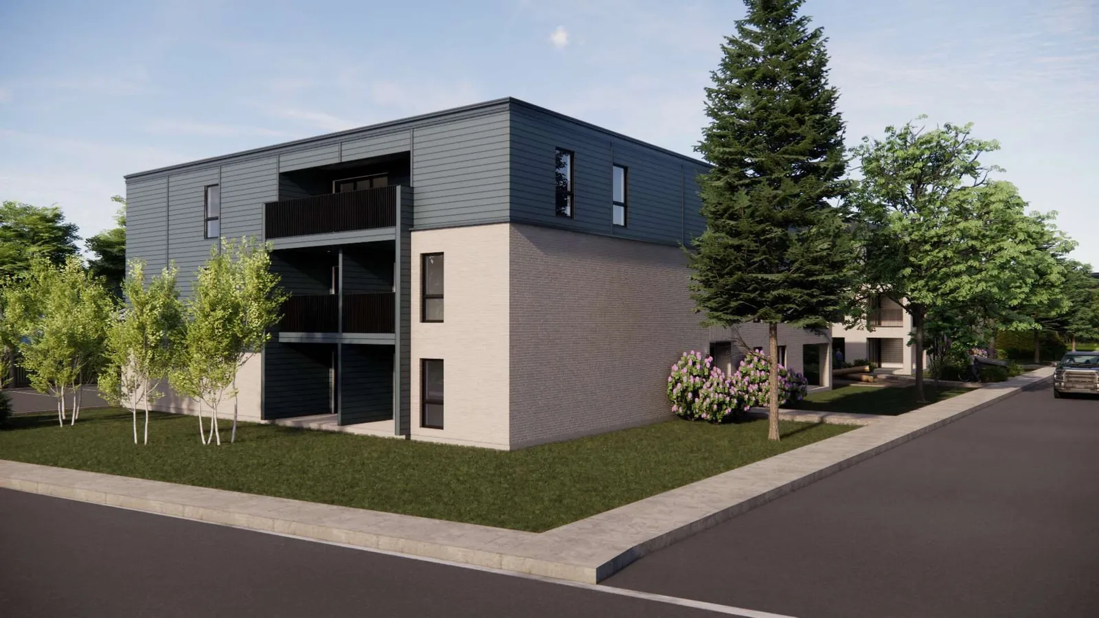 Rendu 3D de l’angle du bâtiment avec balcons en retrait