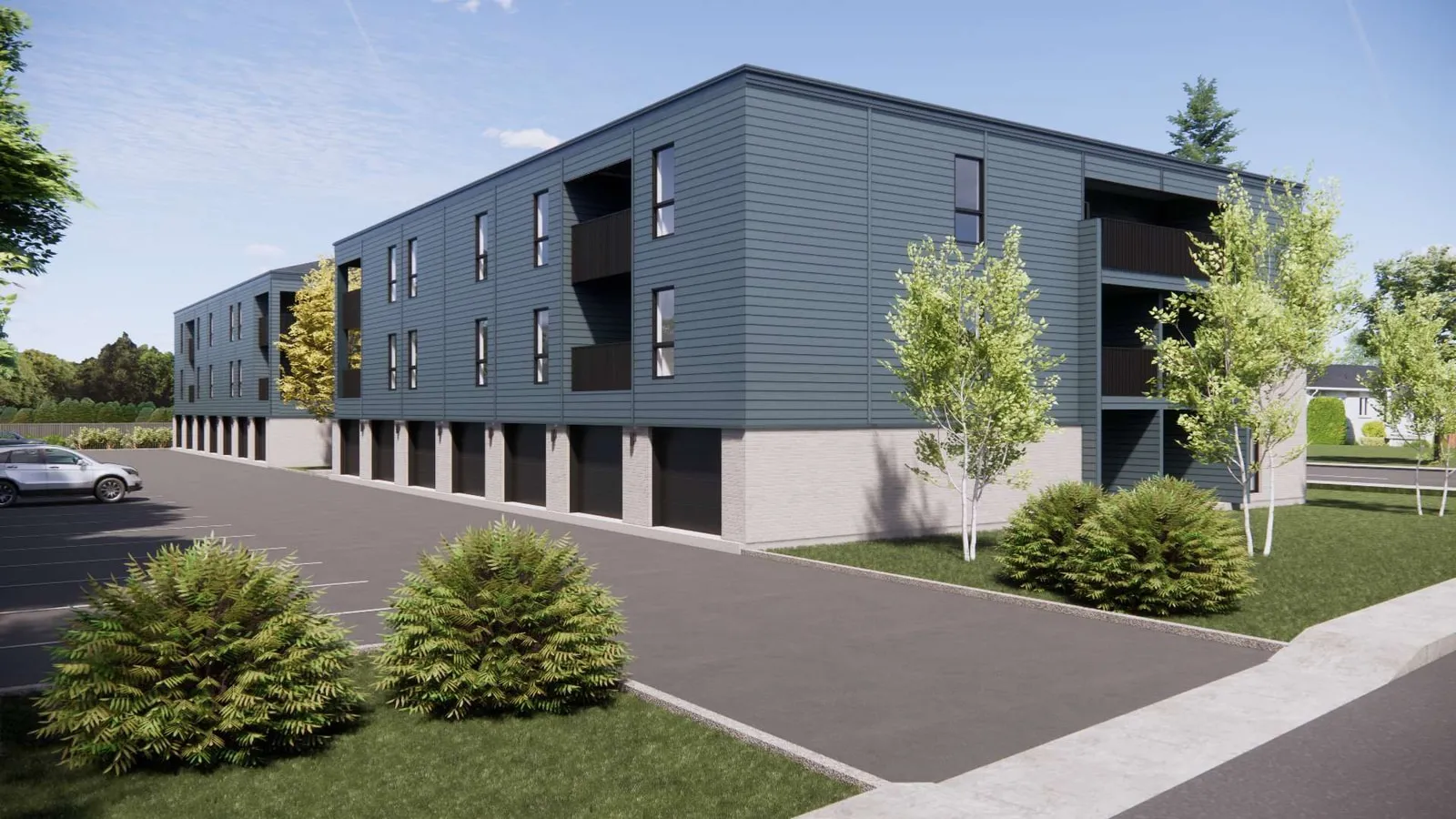 Rendu 3D de la façade latérale et de l’accès au stationnement