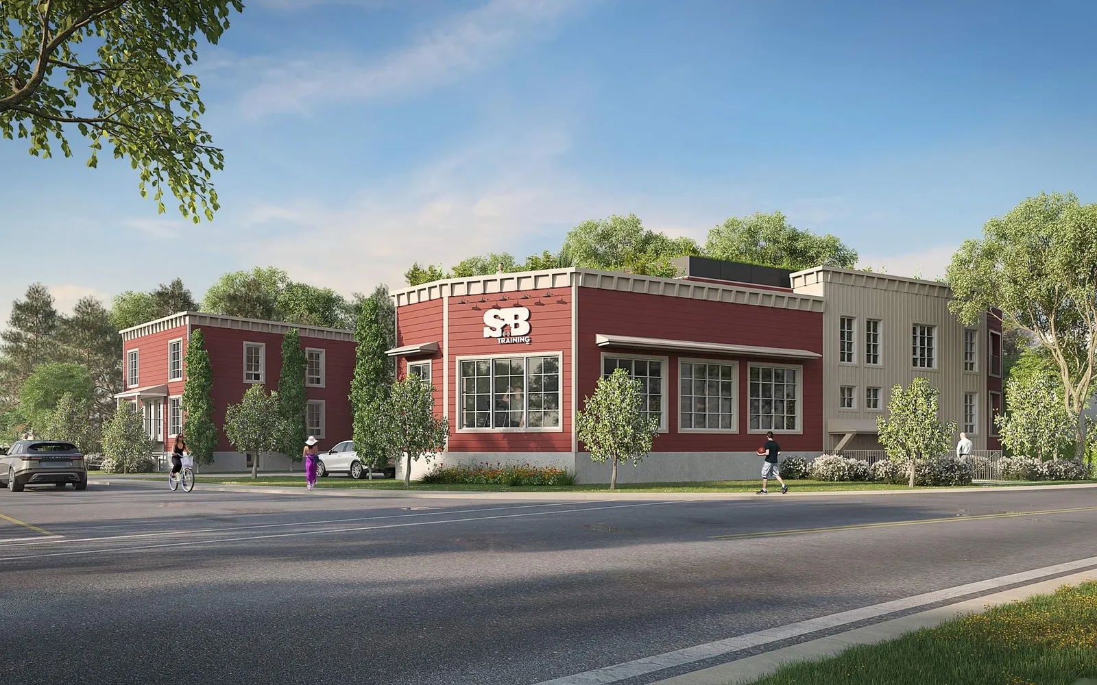 Rendu 3D du projet SB Training à l’angle de la Montée Rémi-Henri : centre d’entraînement et logements