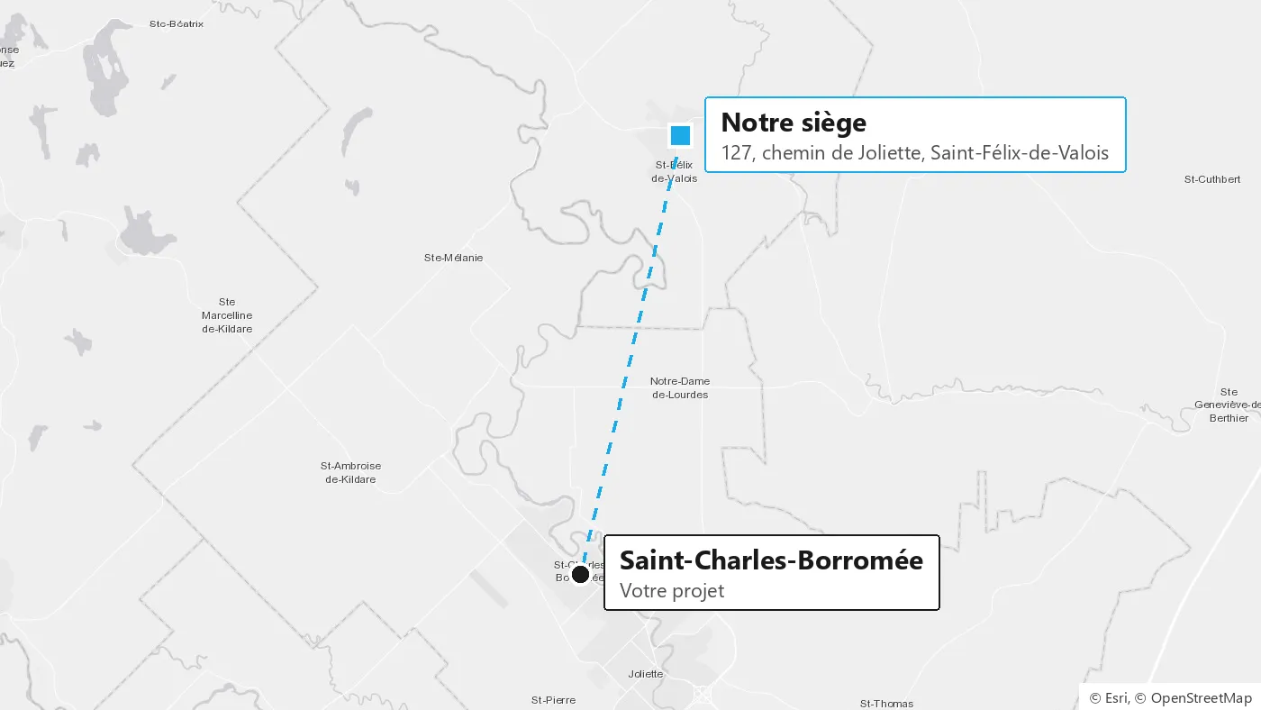 Carte : notre siège de Saint-Félix-de-Valois et Saint-Charles-Borromée, à 13 km à vol d'oiseau