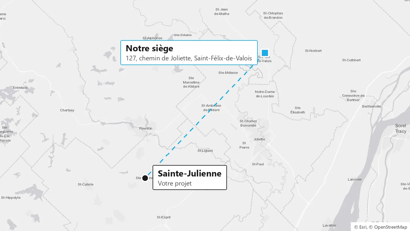 Carte : notre siège de Saint-Félix-de-Valois et Sainte-Julienne, à 31 km à vol d'oiseau